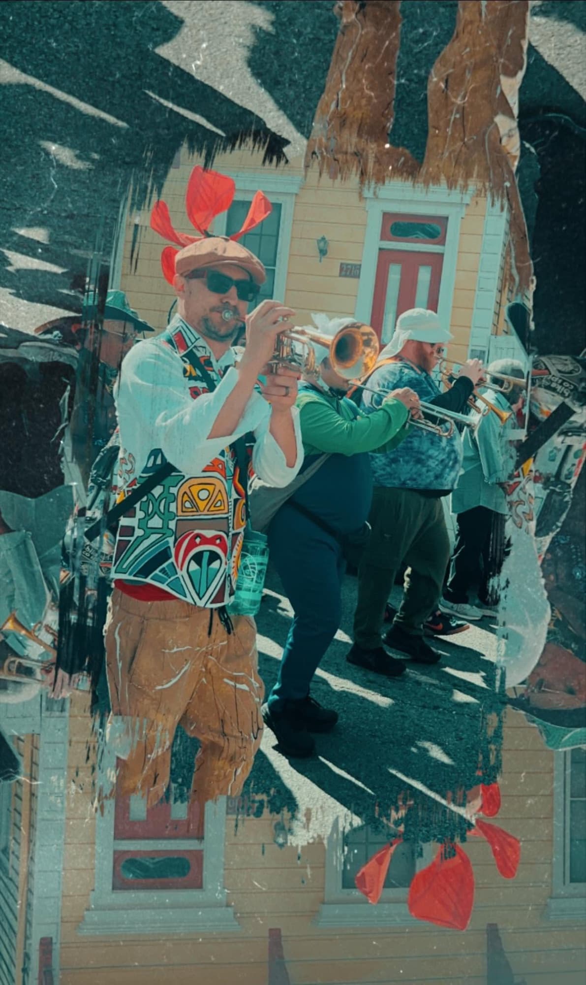 Layered collage of Reid Poole performing in a street brass band
